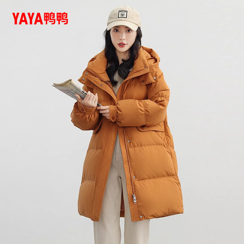 YAYA/鸭鸭羽绒服女中长款2025年冬季可拆帽韩版时尚百搭加厚外套