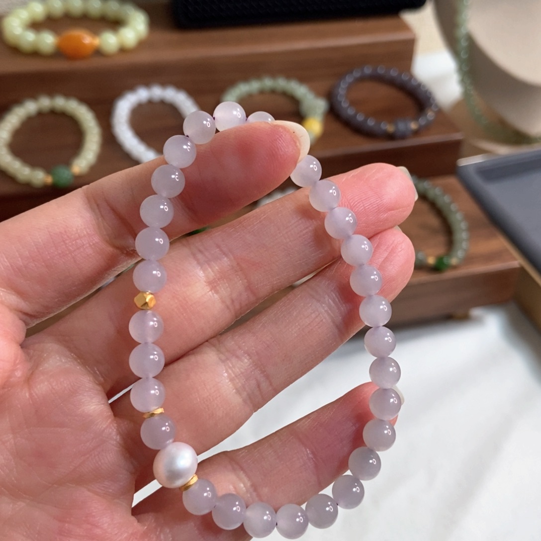 和田玉手链银S925镶嵌6mm冰烟紫