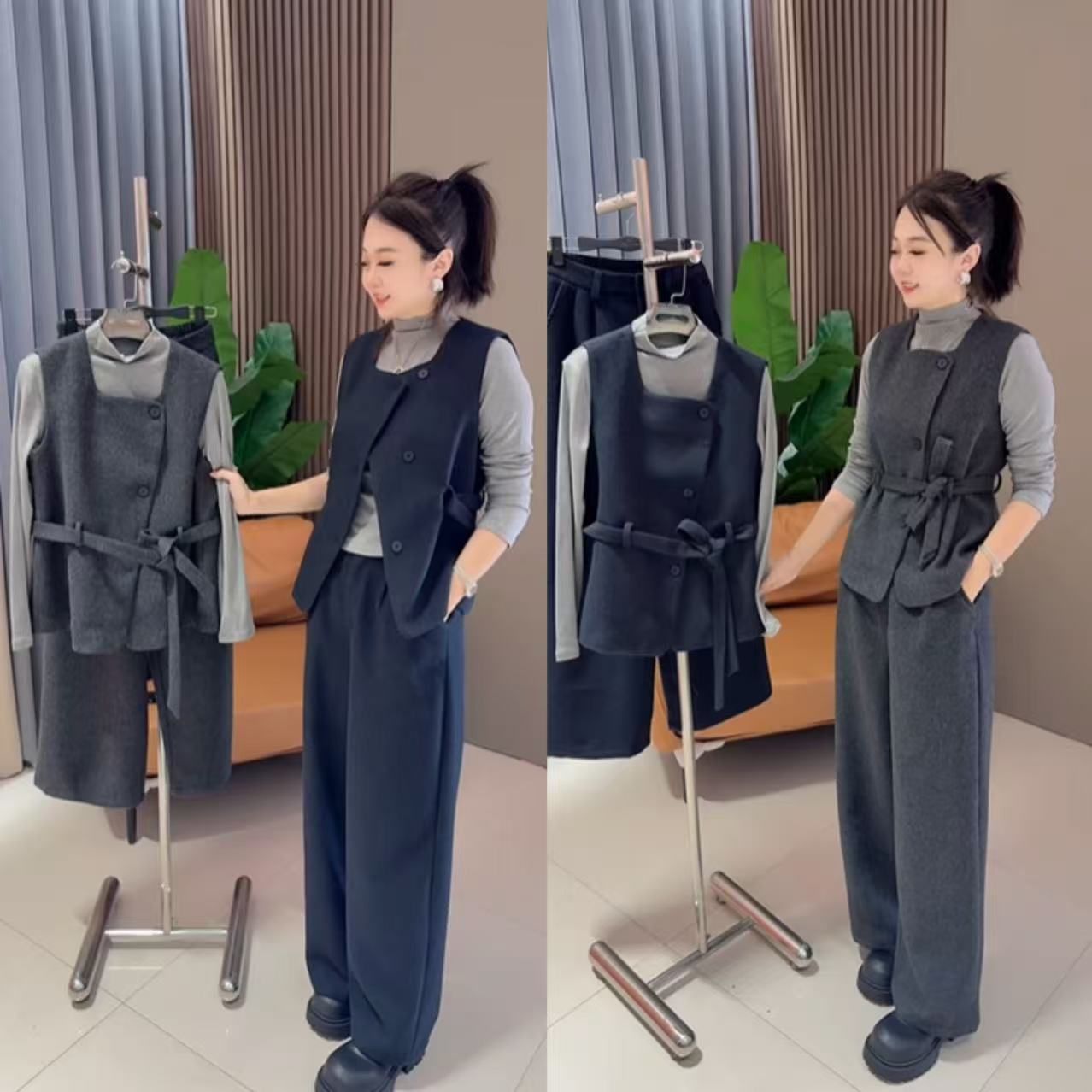 新款法式设计感时尚三件套【马甲+打底衫+裤子】A32