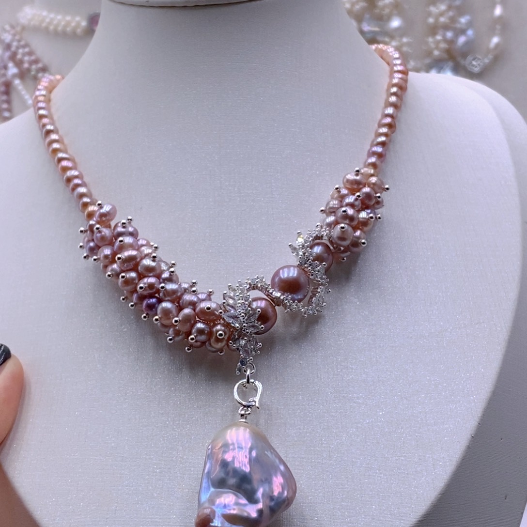 淡水珍珠耳饰银S925镶嵌项链