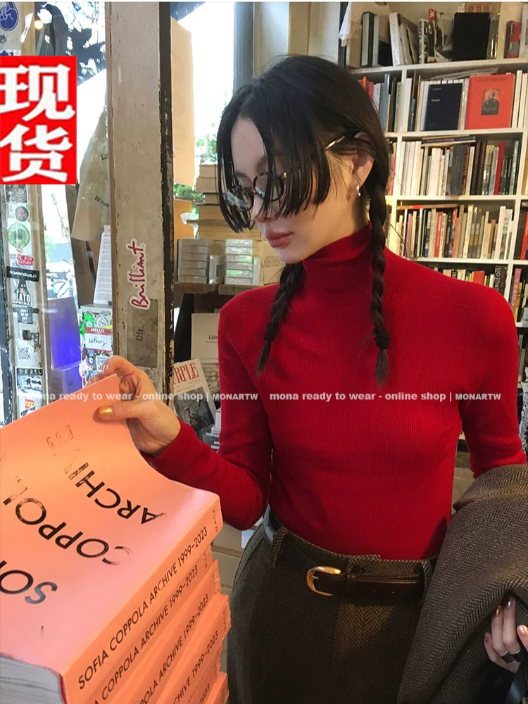 MONA  过年红黑白灰色高领显瘦打底衫女 洋气内搭秋冬新款