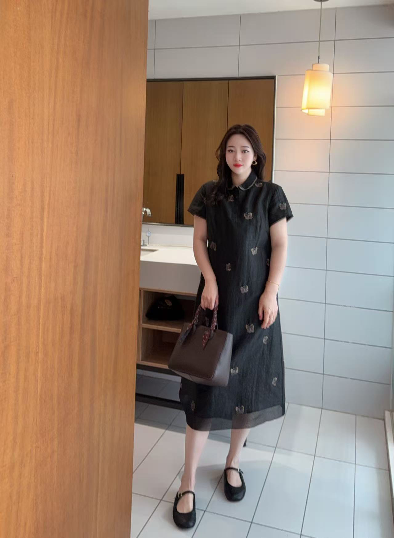翻领蝴蝶通勤蝴蝶中长裙连衣裙（no退换）