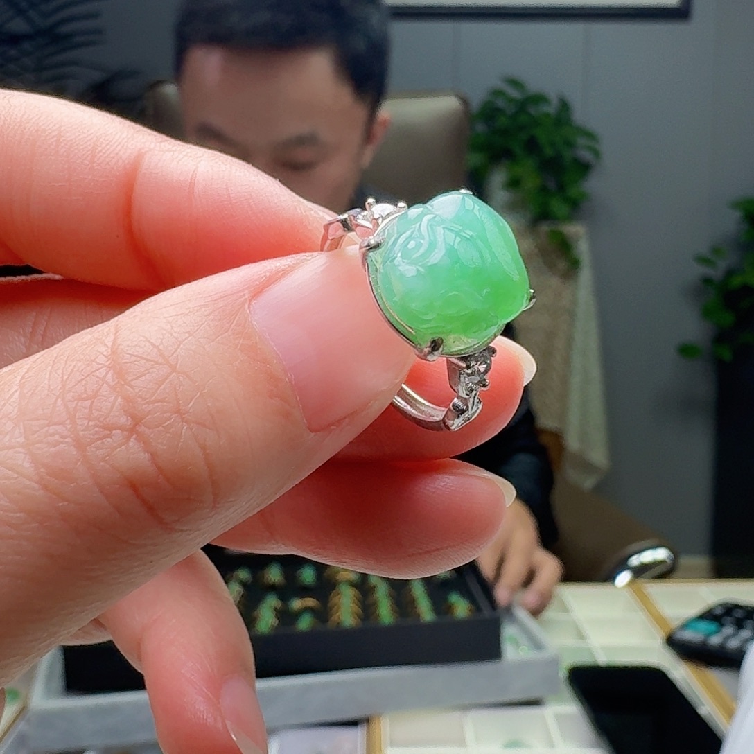 翡翠银S925镶嵌戒指天然