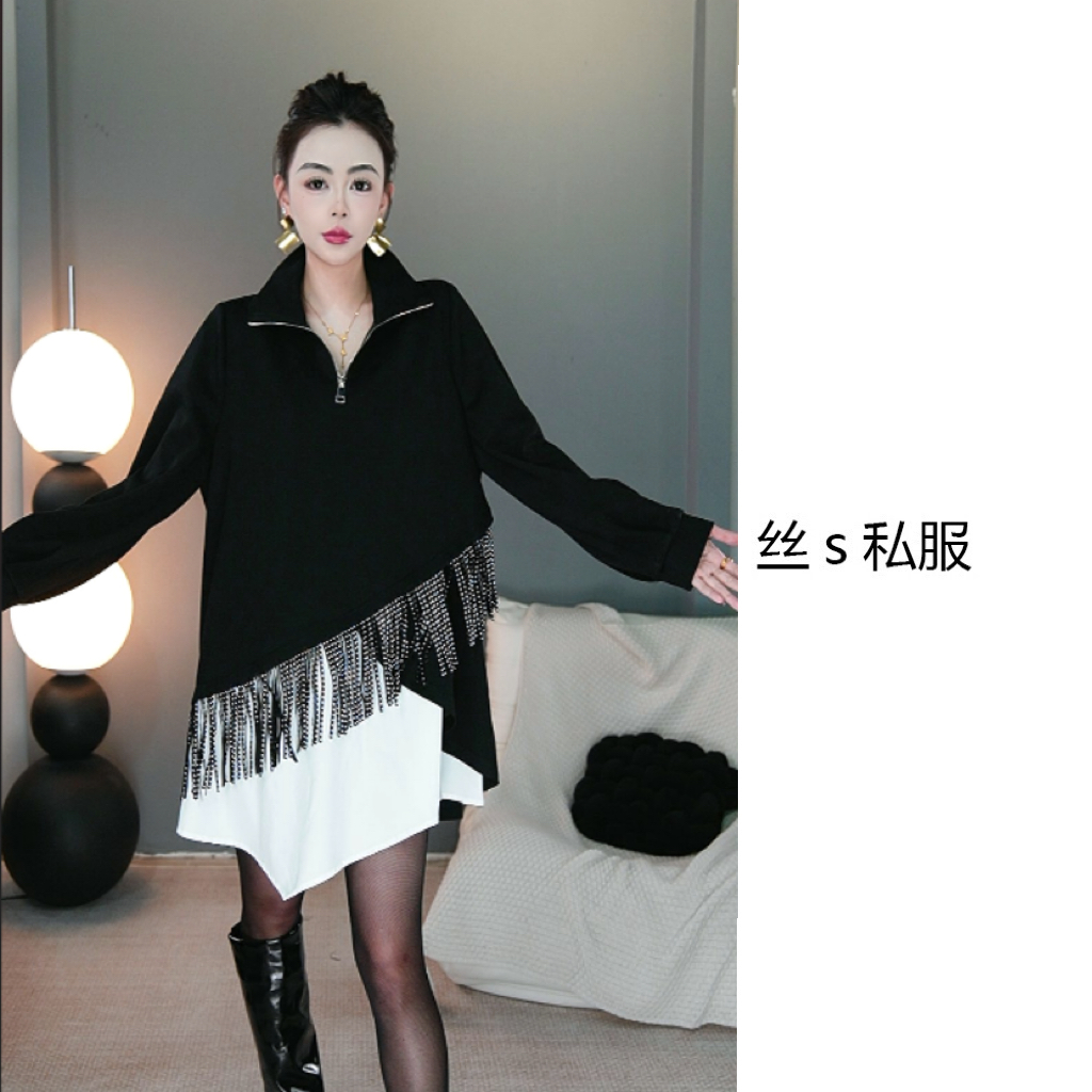 丝s私服【罗曼】秋冬假两件中长款拼接撞色显瘦设计感流苏卫衣T9967