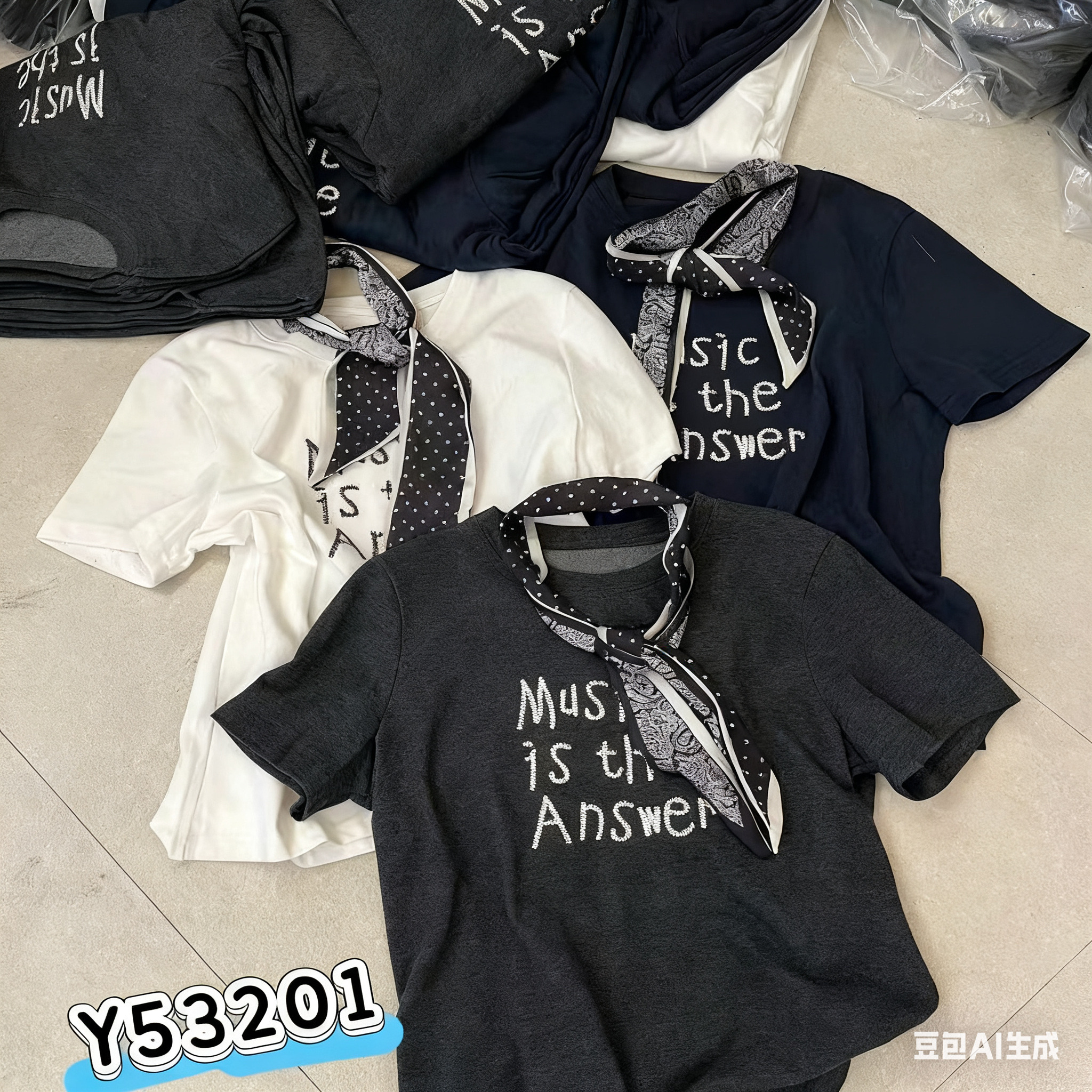 DMG秋季新款韩系字母刺绣短袖T恤女时尚减龄上衣 配领巾