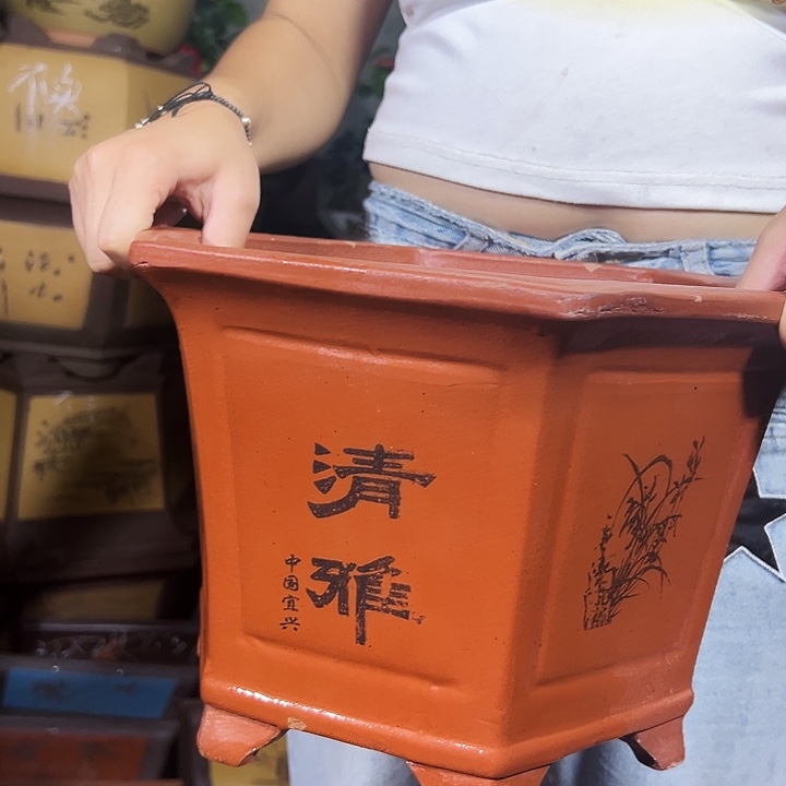 32红清雅六方花盆花盆×2