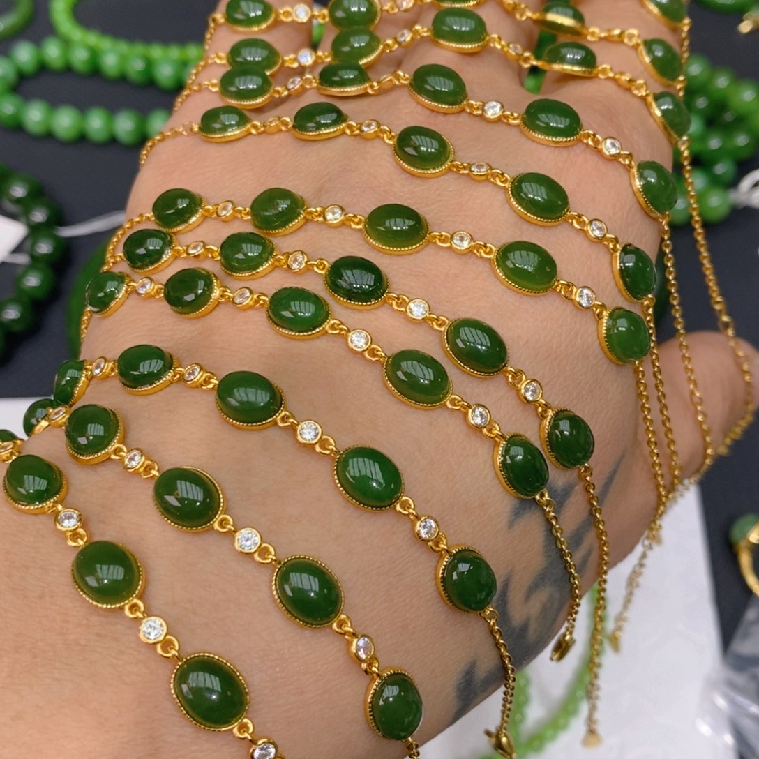 和田玉（碧玉）手链银S925镀金镶嵌