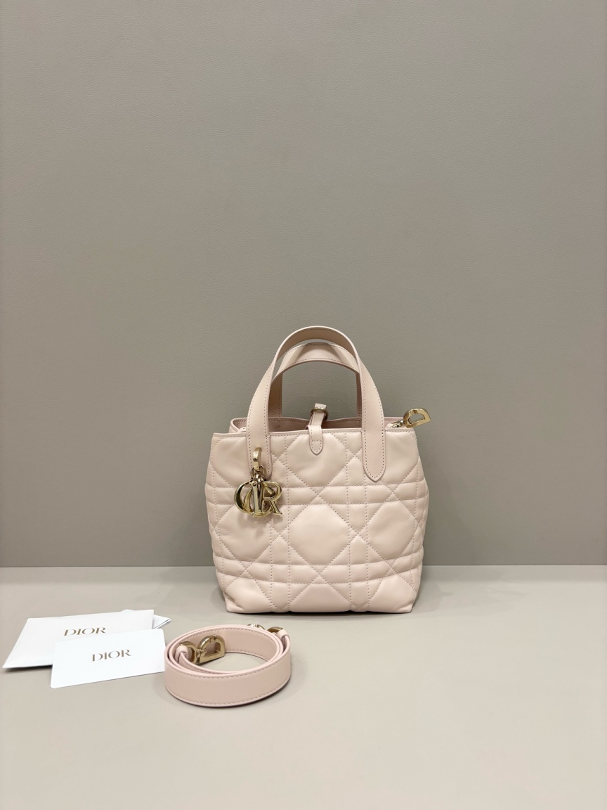 95新 DIOR/迪奥 小号toujours胭脂粉色革藤格纹手提单肩包M8039