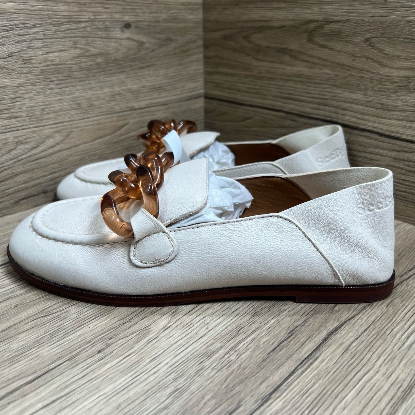 未使用 maje See By Chloe 米色水晶链条乐福鞋 36码