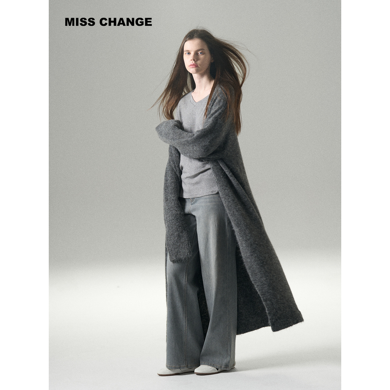 MISS CHANGE设计师品牌 羊毛长款针织开衫女宽松显瘦毛衣外套上衣