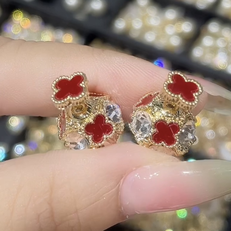 铜合金合成锆石耳饰 耳钉精致复古红色气质镶嵌时尚素款