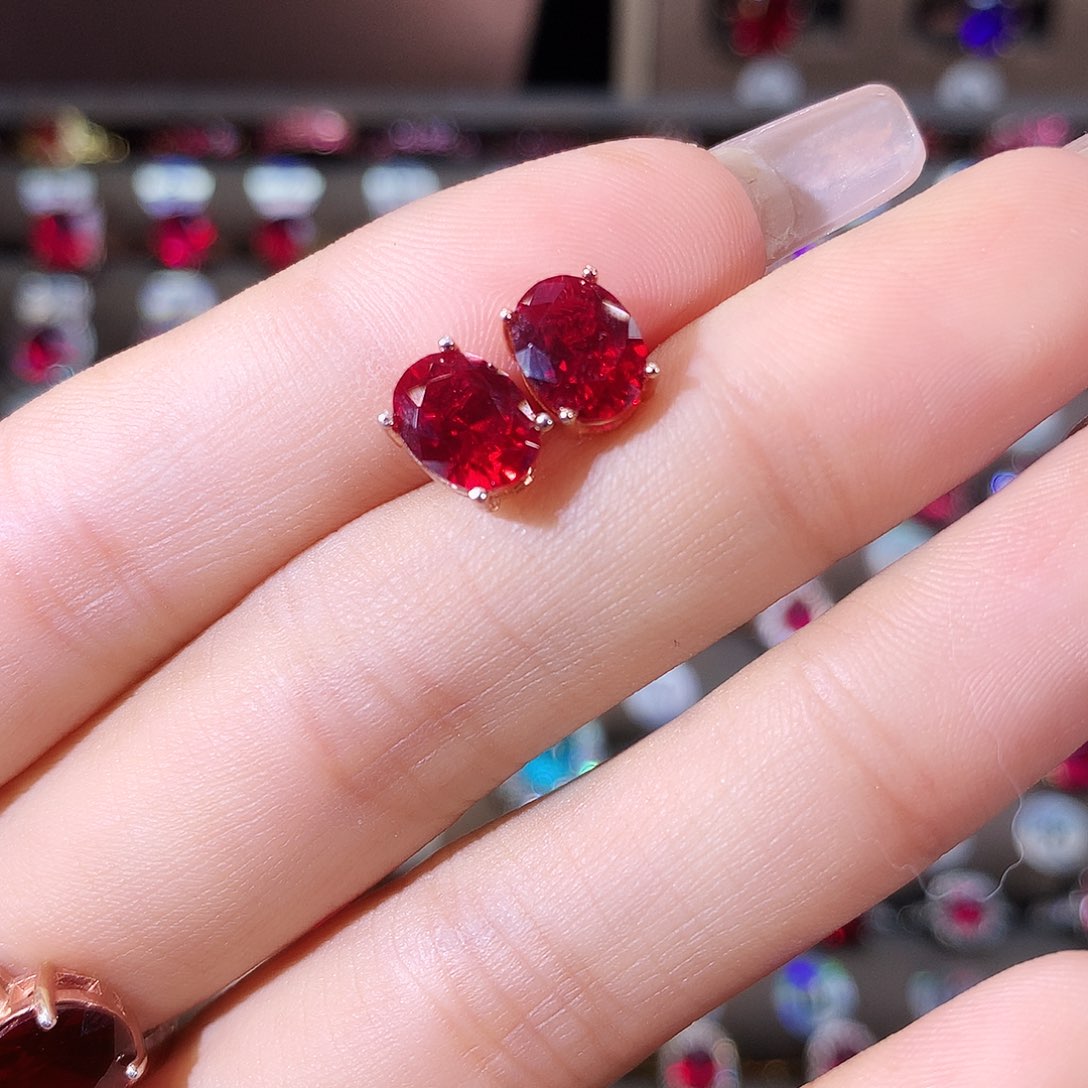 银S925镶嵌耳饰红宝石酒红玫瑰金68