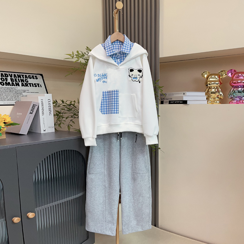 女童秋装情况连帽慵懒风卫衣春秋时尚韩版洋气假两件休闲两件套