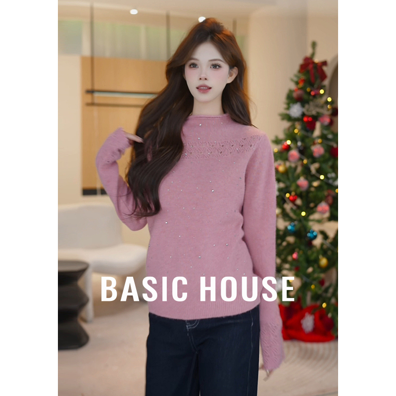 Basic House/百家好琥珀流光半高领镂空镶钻毛衣女冬B1195B52J72