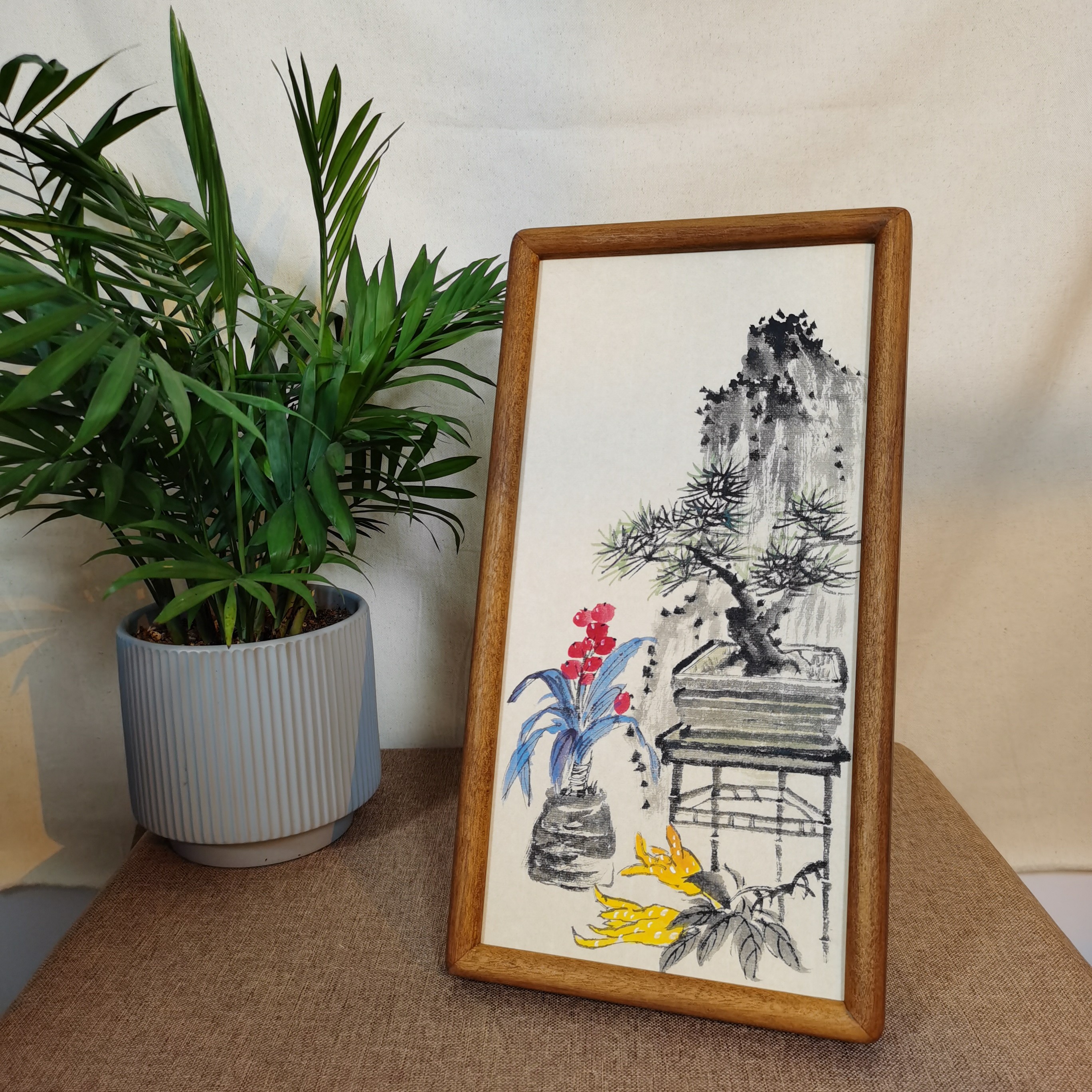 12×32黑胡桃色实木边框写意画岁朝清供图古风客厅挂屏装饰品