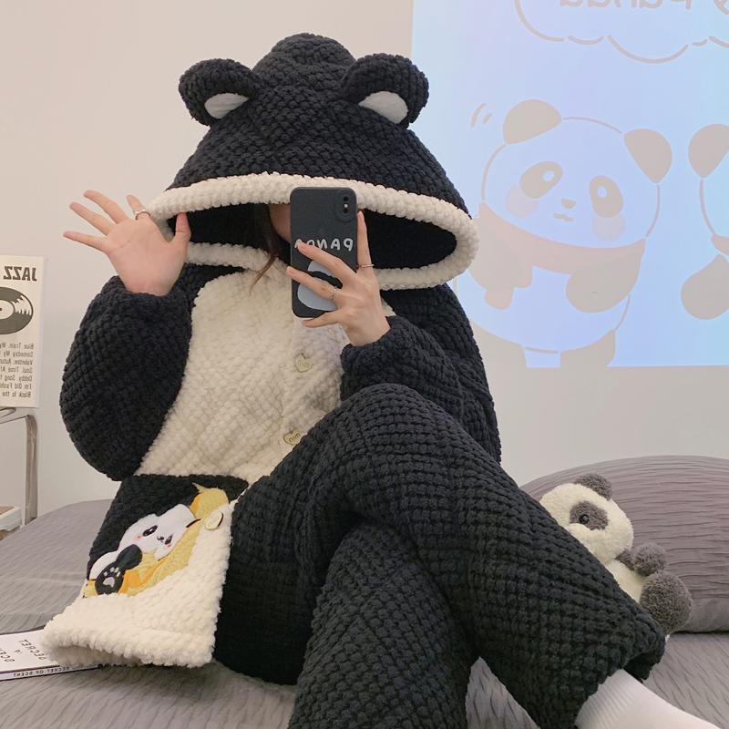 睡衣冬季连帽保暖毛绒长毛睡袍加绒冬天甜美女士套装长款卡通