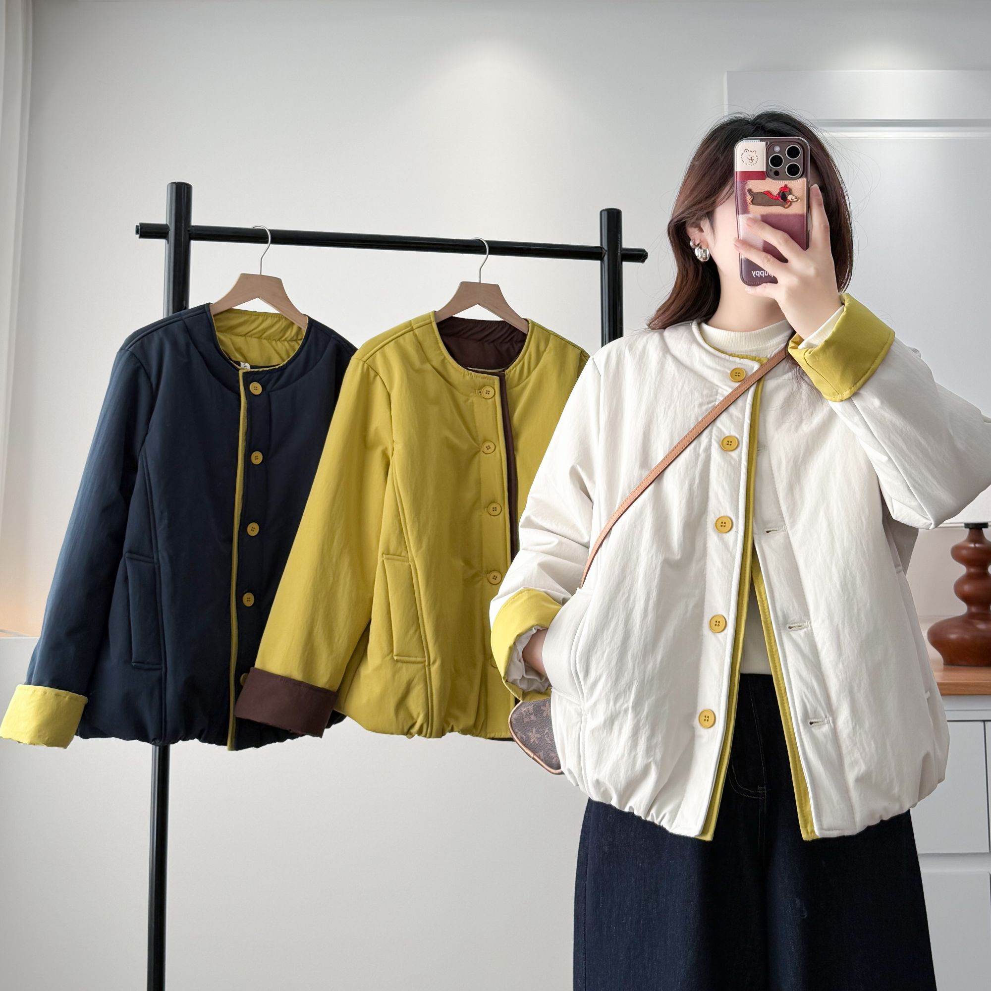 2025冬季新款大码棉衣圆领减龄宽松显瘦洋气拼色外套