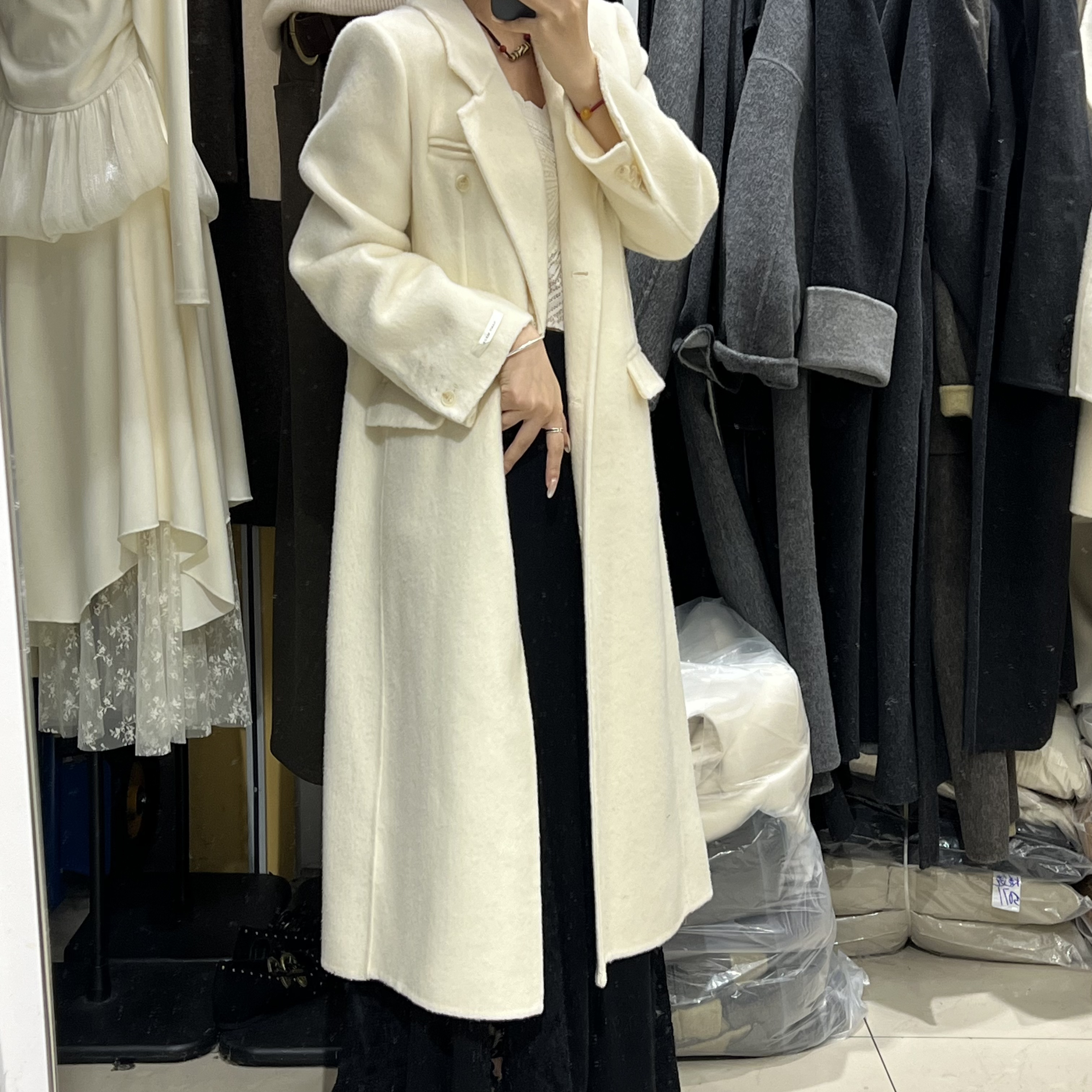 冬季正肩宽松韩系复古双面毛呢垫肩过膝长款加厚大衣外套时尚气质