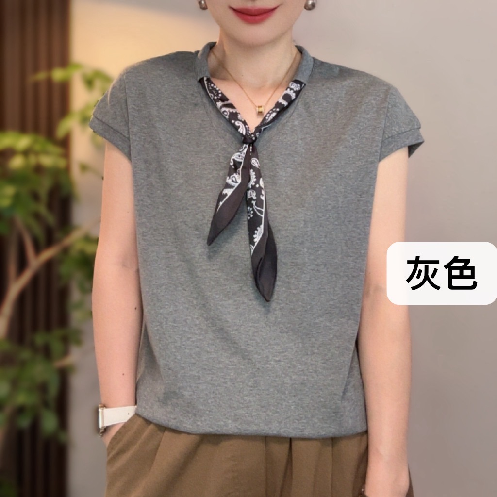 夏款V领丝巾设计落肩袖薄款T恤女2025新款气质简约显瘦短袖上衣