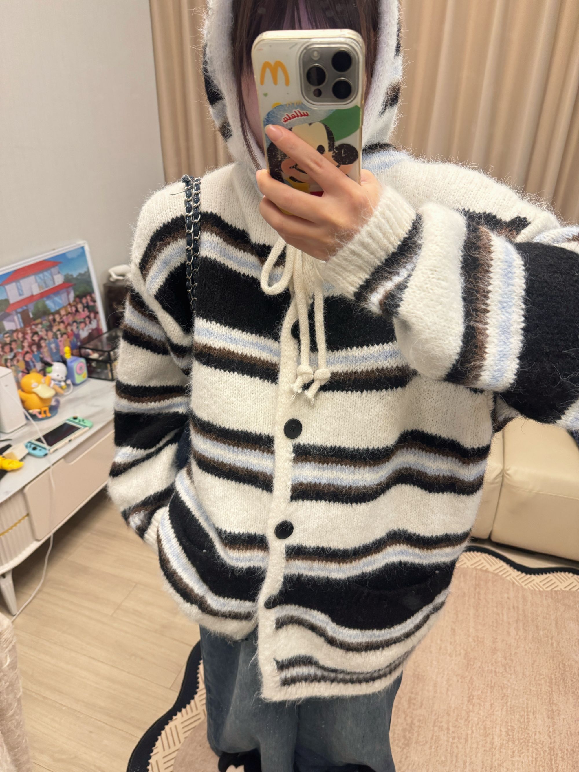 冬日特调 高克重松弛感软糯经典条纹连帽羊毛开衫毛针织衫