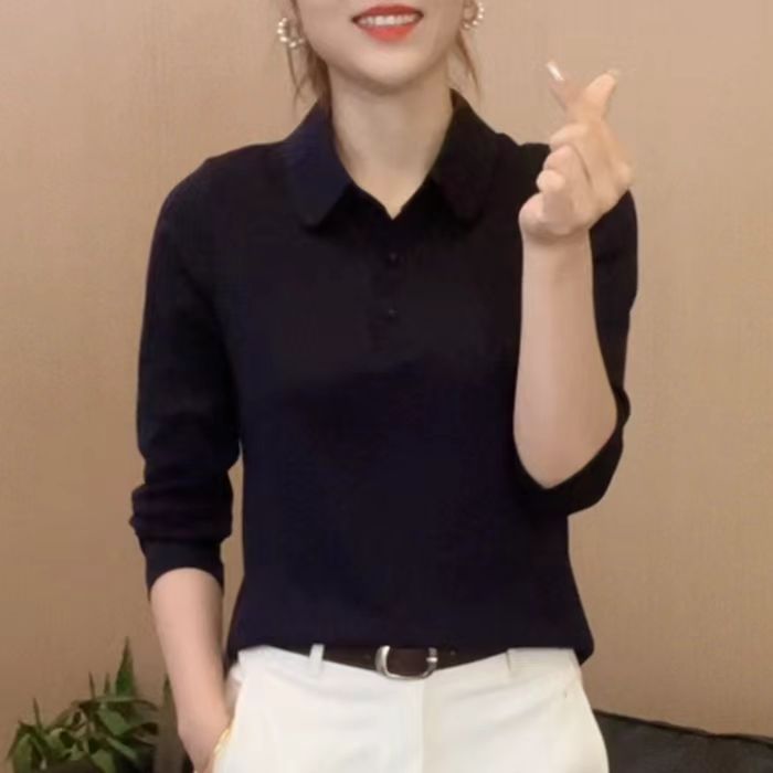 2025女士刺绣翻领早秋简约通勤长袖T恤显瘦减龄打底洋气F5599