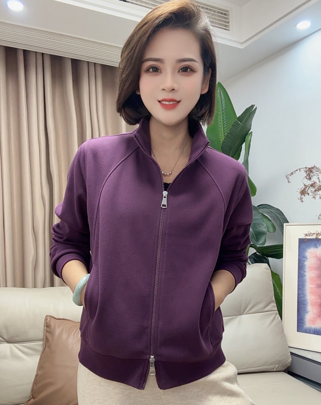 625正肩袖女拉链立领短款卫衣女士纯色时尚休闲韩版