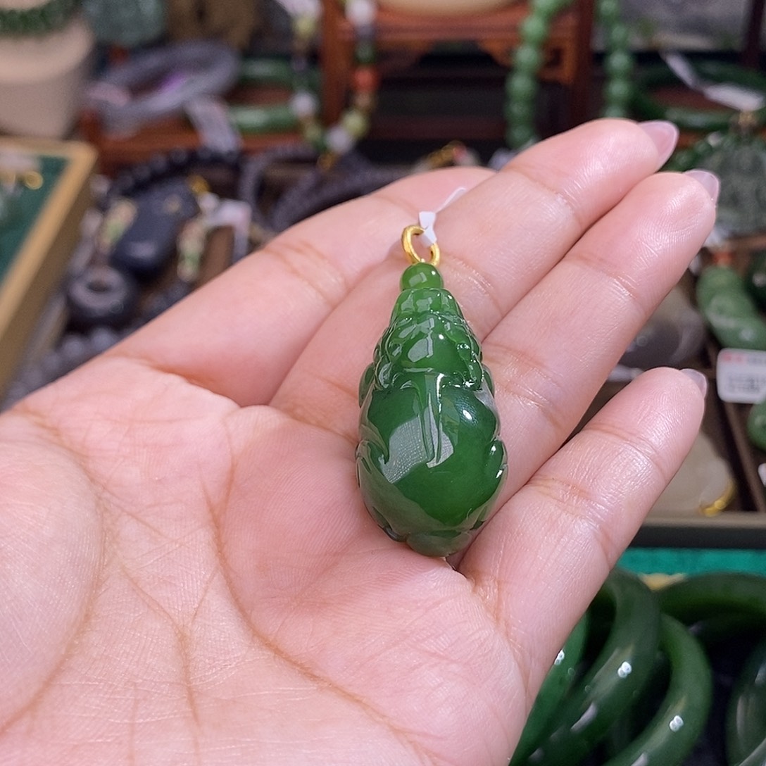 和田玉碧玉满色满绿金镶貔貅未镶嵌