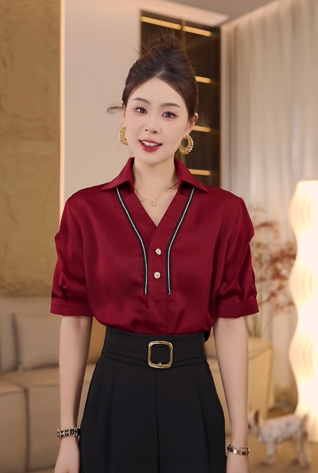 刘婷穿搭 夏季新款简约优雅设计感翻领衬衫