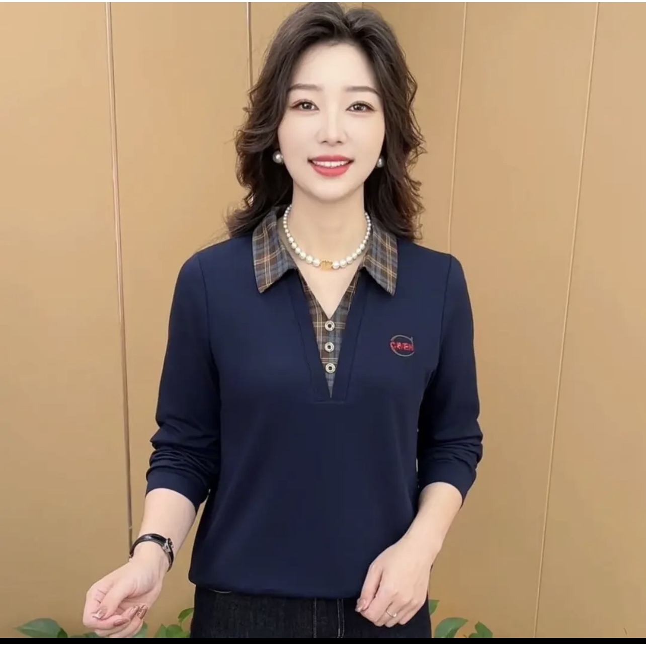9097秋季针织衫时尚妈妈装假两件翻领长袖T恤休闲女装减龄上衣