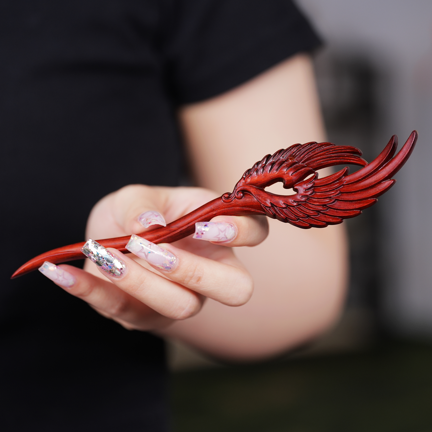 原创中式凤翎发簪古风凤凰羽毛绿檀木簪子女高端实木发饰旗袍配饰