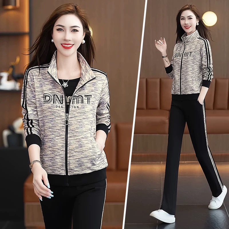 运动套装女秋季新款时尚中年妈妈印花外套长裤休闲跑步三件套8587