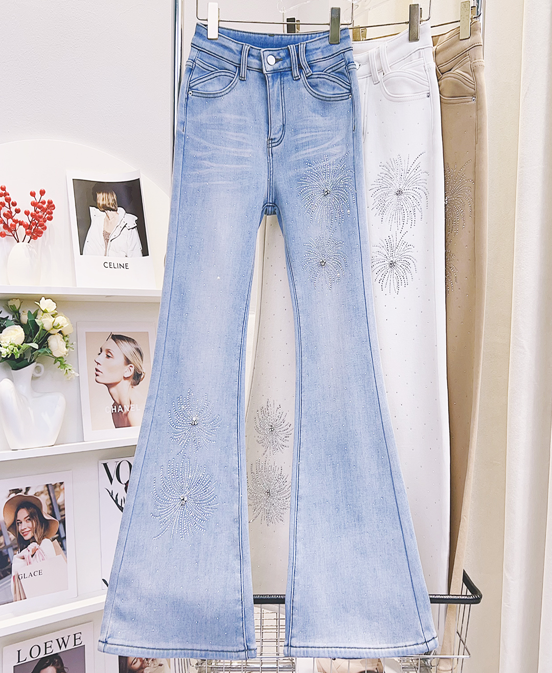 冬季新重工闪闪烫钻丹宁风显瘦提臀高腰加绒喇叭牛仔裤 #8019