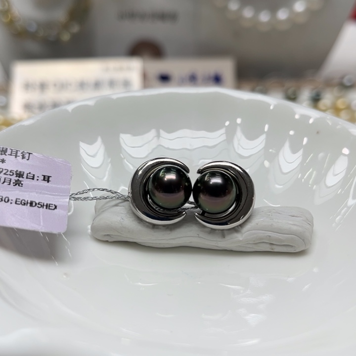 海水珍珠漏大溪地月亮耳钉9-10mm银S925镶嵌