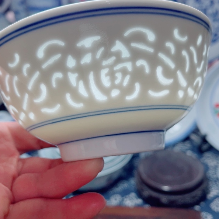 青花玲珑5寸饭碗满雕双福双线