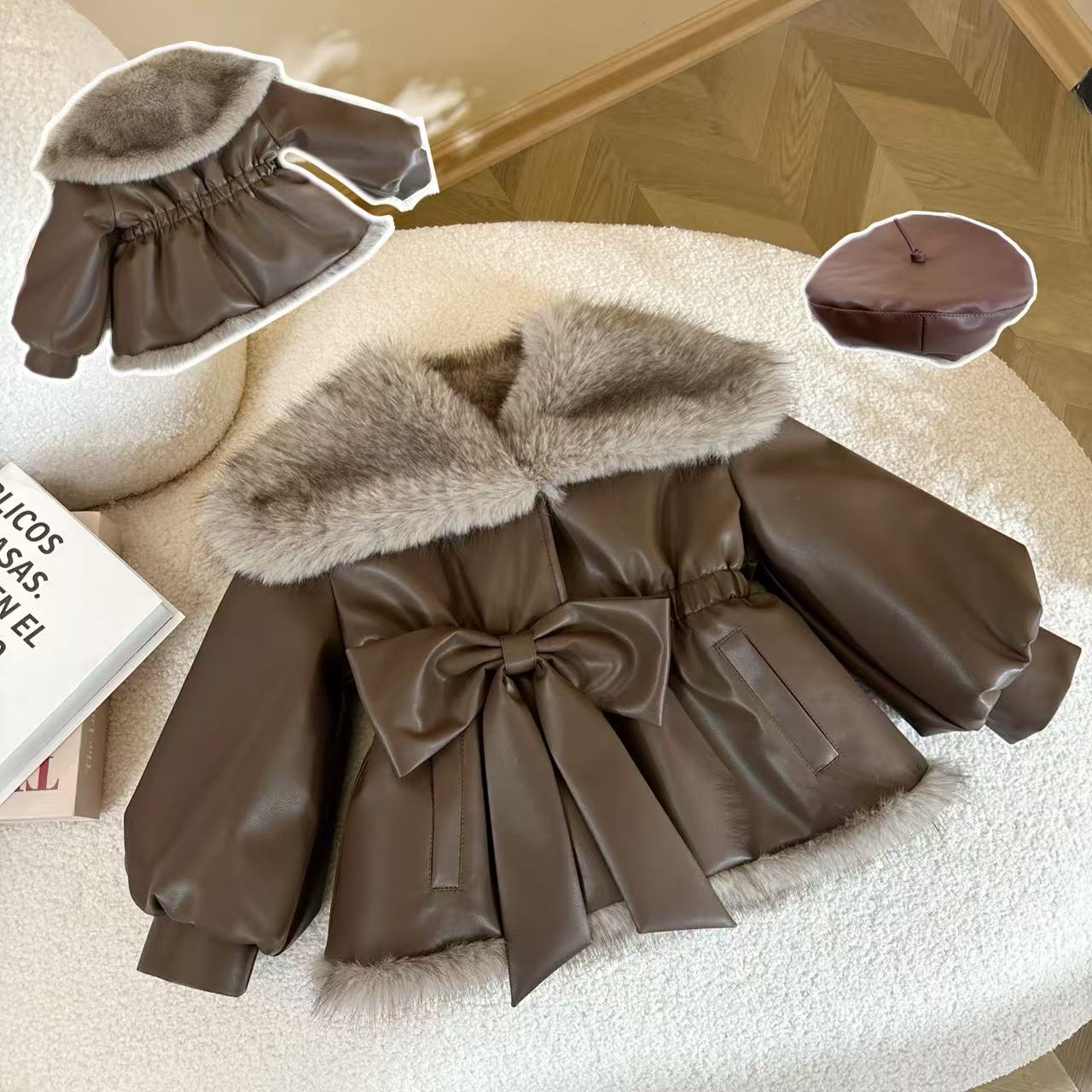 女童外套冬装2025新款女孩洋气加绒韩系穿搭高级感翻毛领皮衣