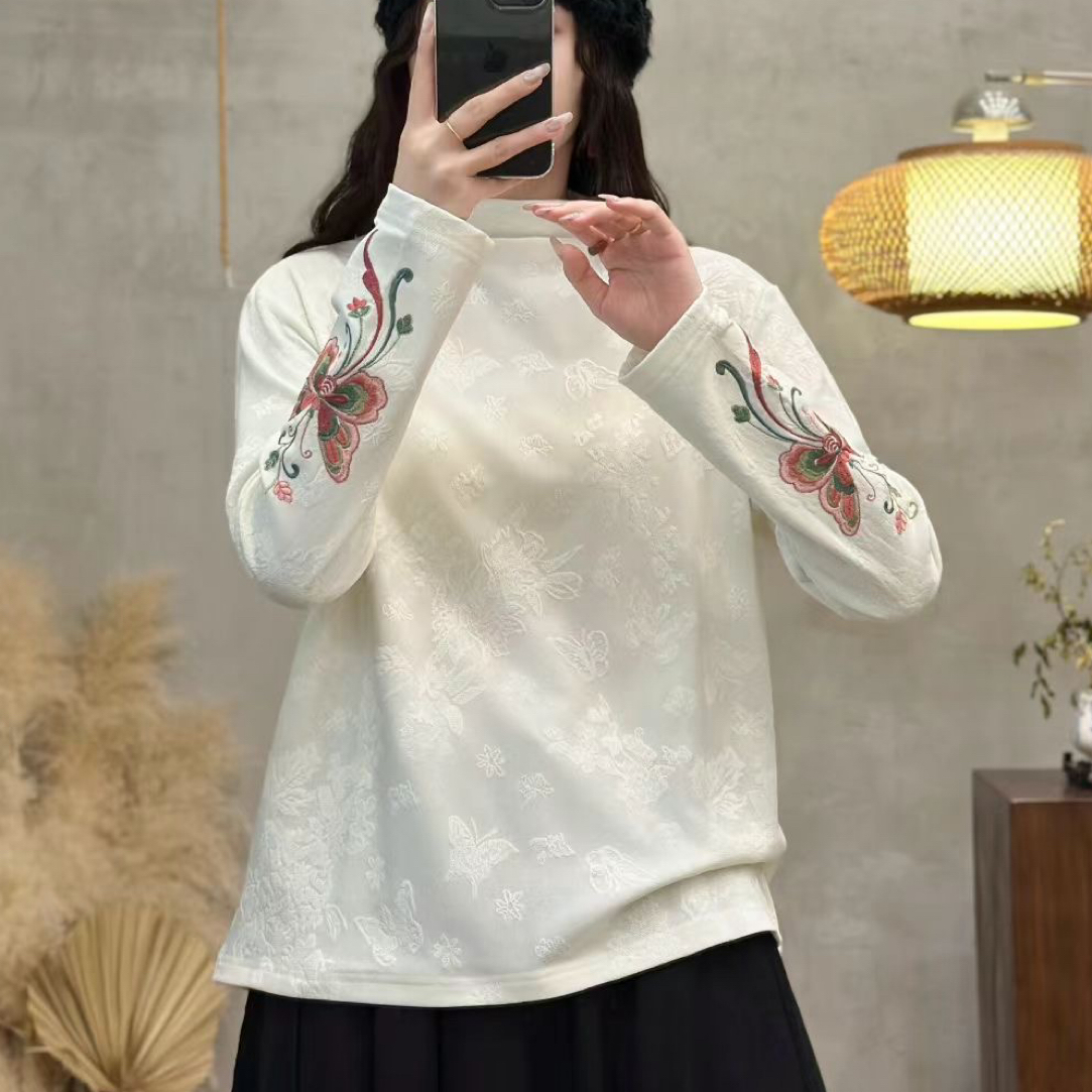 新中式国风加绒加厚牡丹花刺绣高领新款复古时尚长袖打底衫女上衣