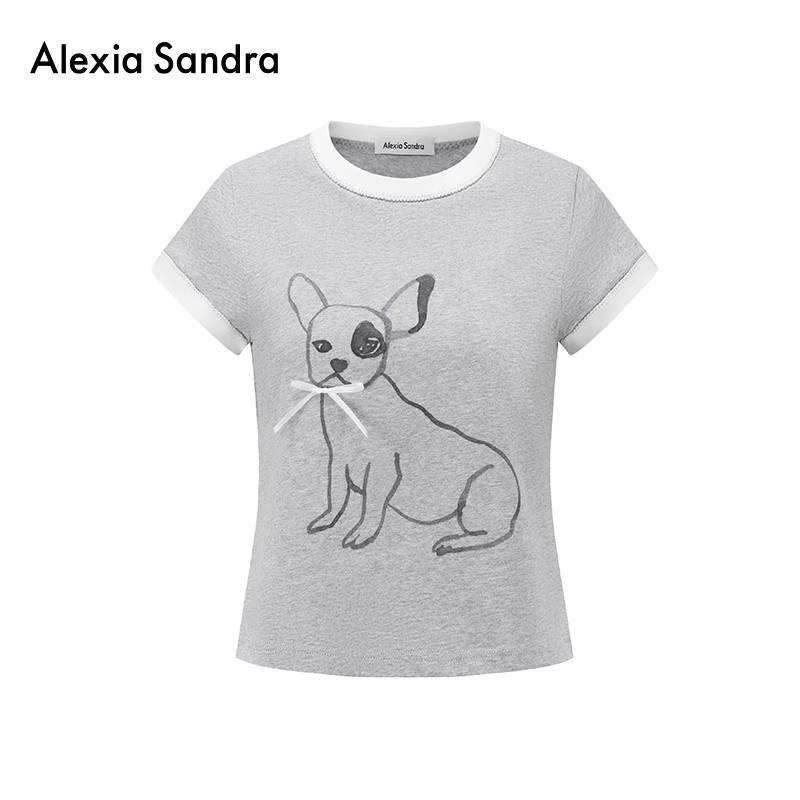 【茉舍】Alexia Sandra小狗印花撞色领绣花边修身短袖T恤725141-780