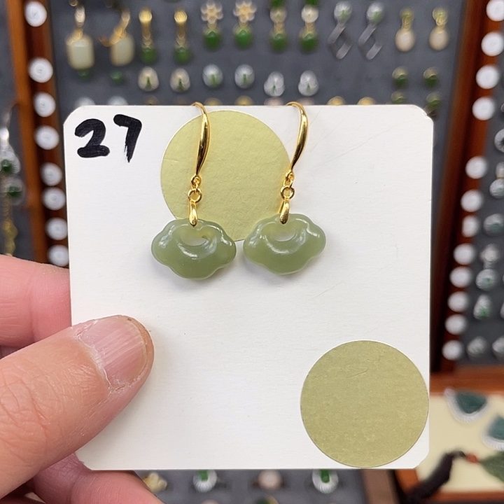 和田玉耳饰银S925镶嵌27