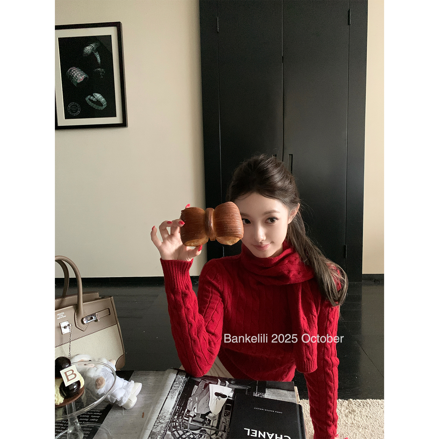 板栗可可Bankelili'世纪老钱'复古麻花毛衣女设计感围巾针织衫冬