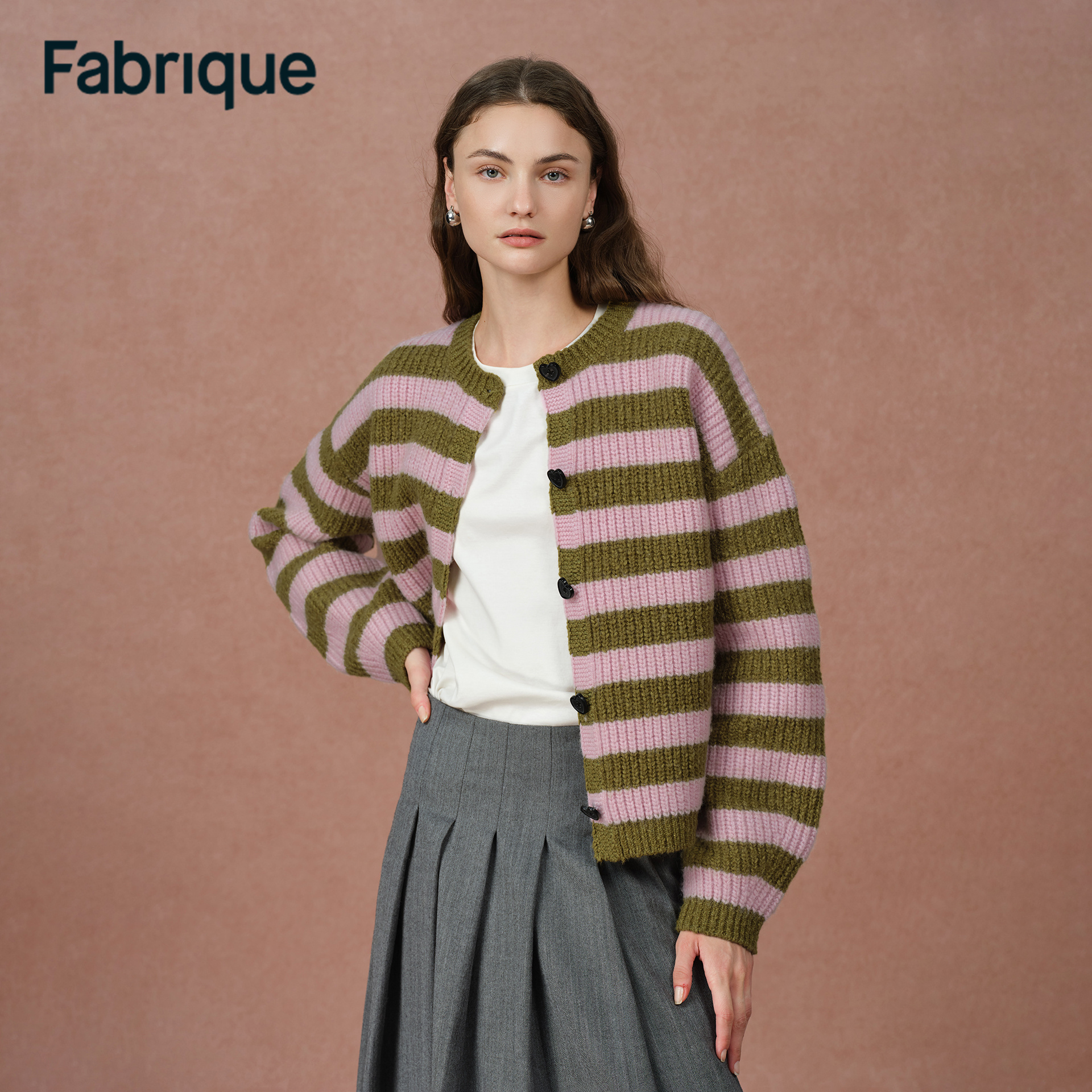 Fabrique Valentina 秋冬新品草莓抹茶条纹绵羊毛圆领针织开衫