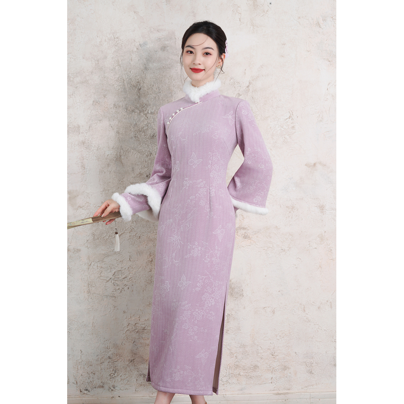 1605 紫色 【乔琪】双袖 压花 旗袍