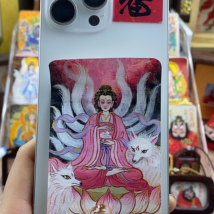 琉璃手工艺品孤品朱砂九尾狐娘娘背贴