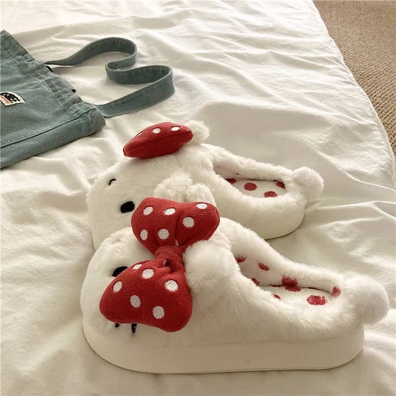 波点KT猫咪可爱拖鞋冬季外穿室内防滑ins卡通居家保暖毛毛鞋甜美Q