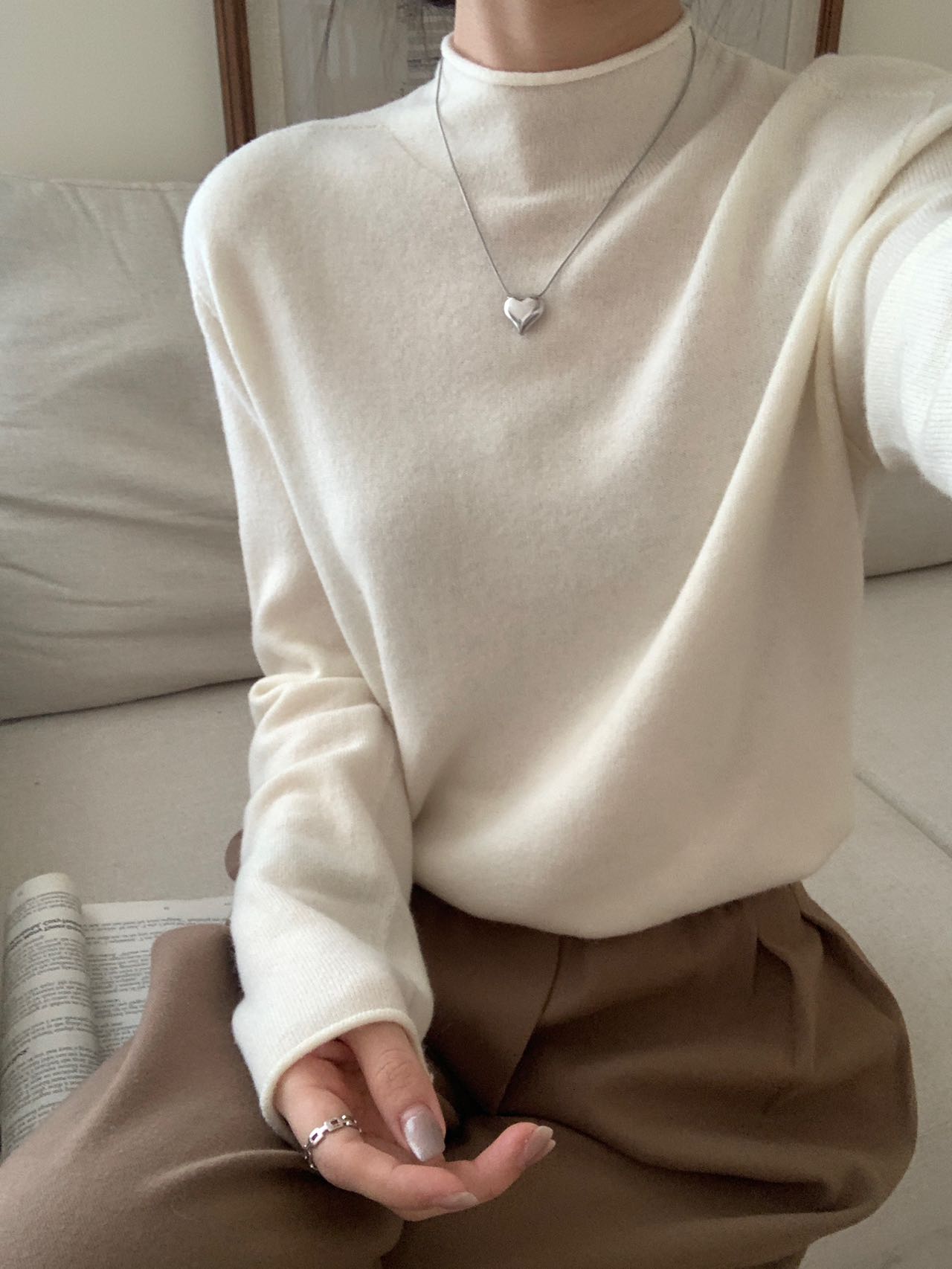 100%绵羊毛衫女士打底衫纯羊毛衫高领卷边全羊毛衫保暖羊毛打底衫