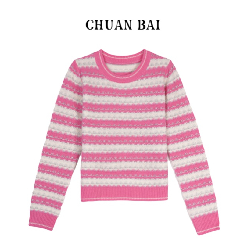 CHUAN BAI秋冬新款小香风经典撞色条纹气质时尚软糯设计感套头衫