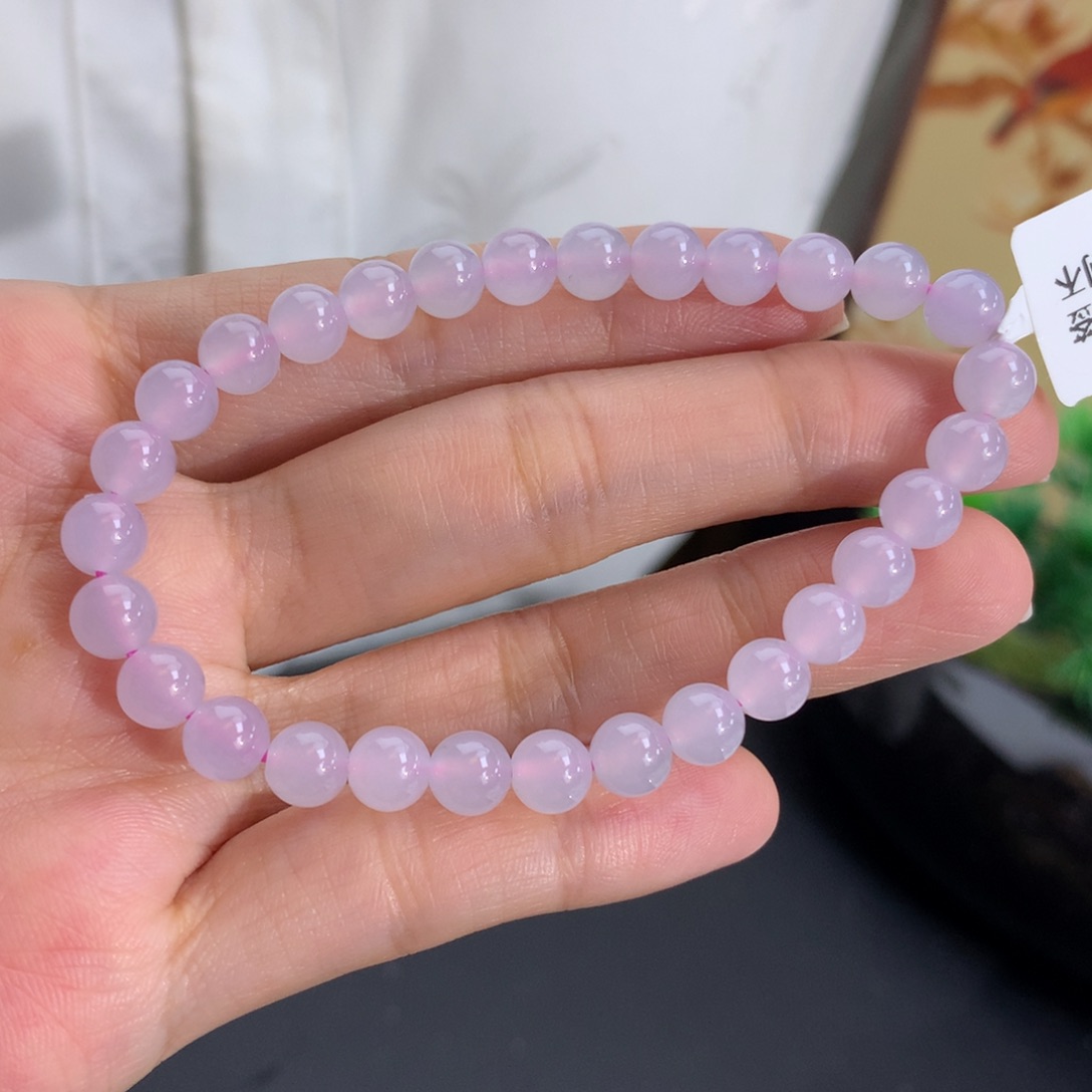 翡翠未镶嵌手串卡6胶润淡淡粉紫手串
