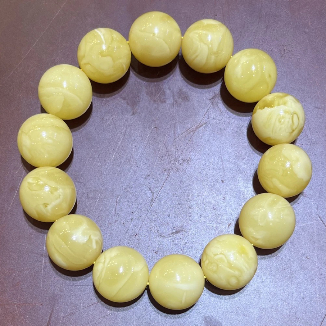 琥珀白花浓蜡妖花圆珠手串，16m+，36g，天然原矿保真