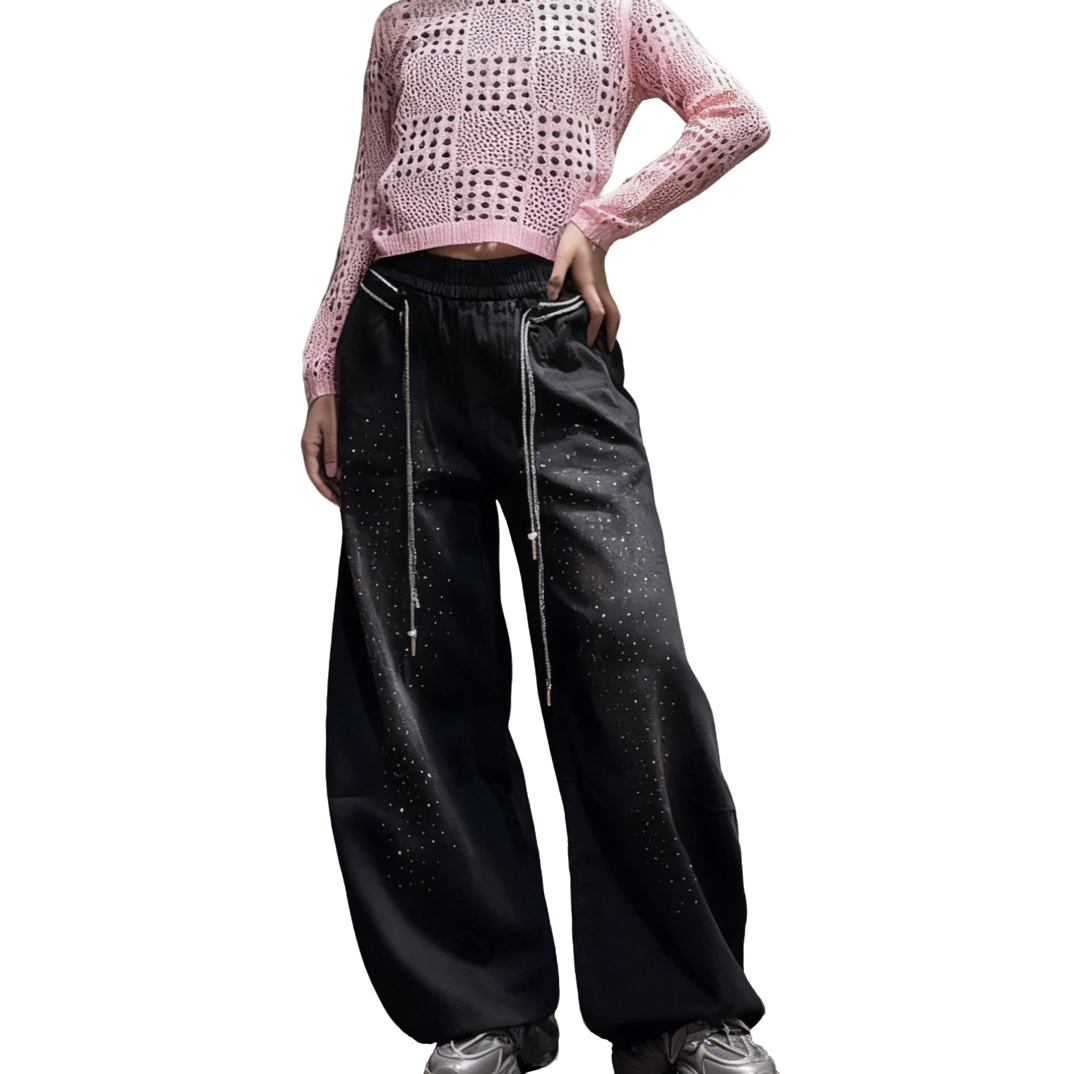 街舞潮酷烫钻长裤春秋男女同款阔腿牛仔裤