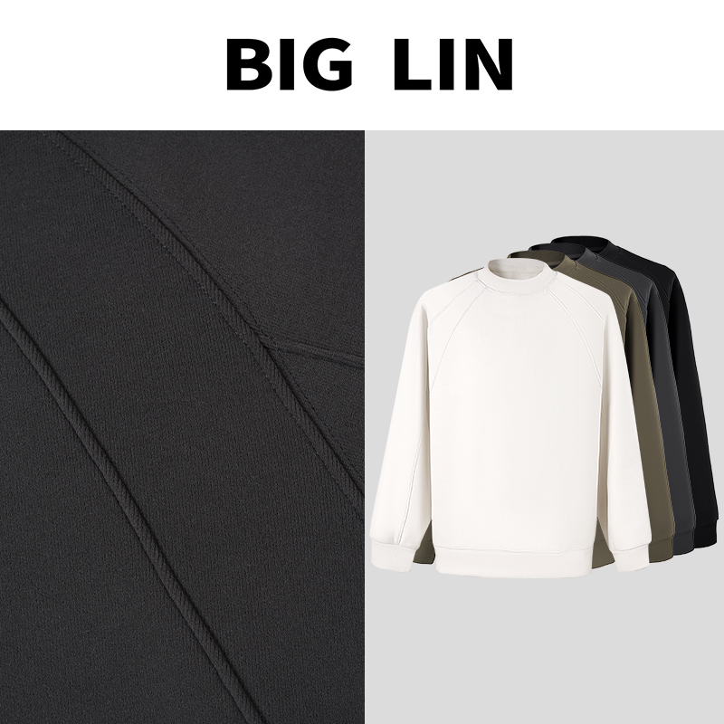 BIG林 冬季圆领拼接卫衣休闲羊毛打底衫纯色内搭长袖男士M66561