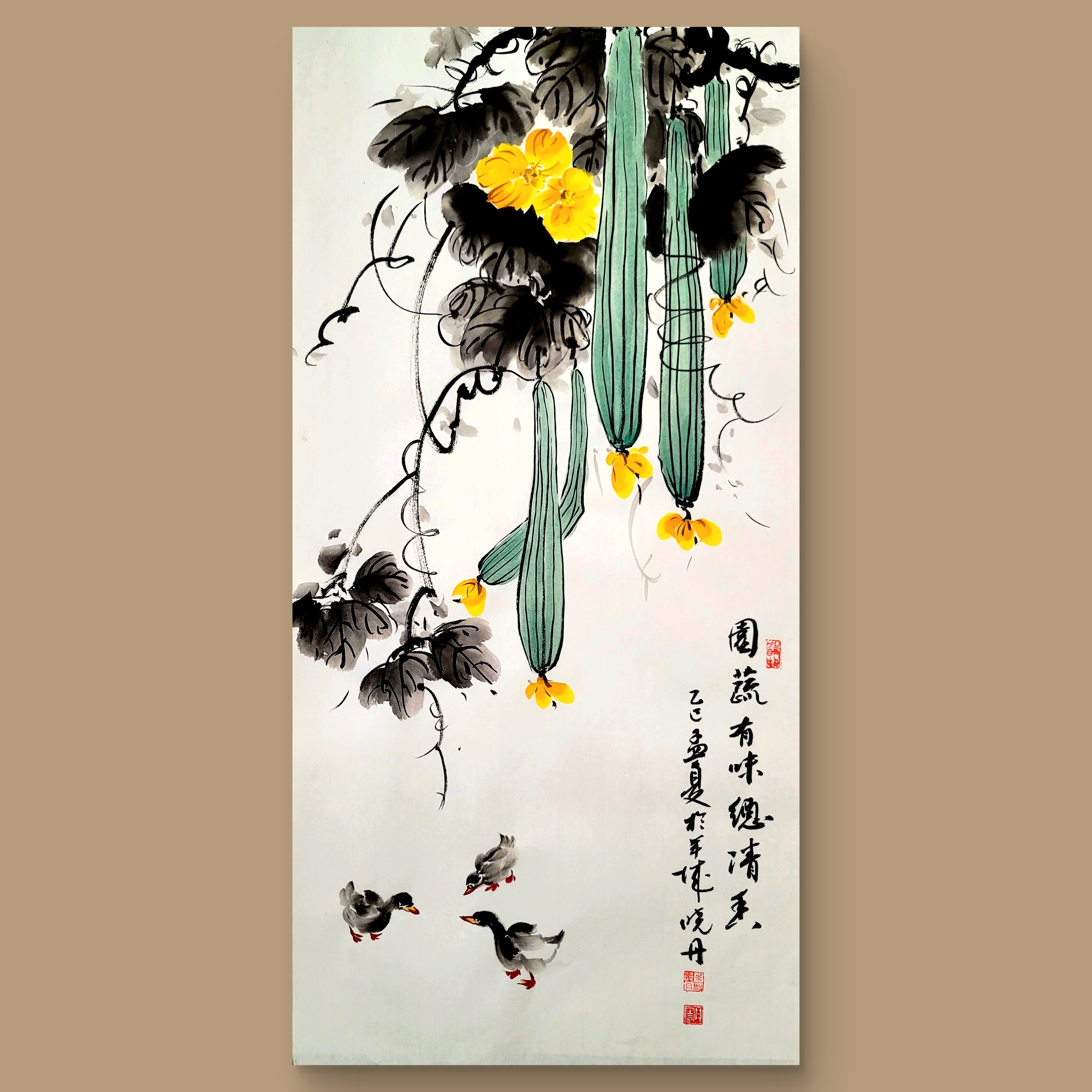 花鸟画丝瓜鱼竖幅装饰画适用于玄关客厅茶室餐厅画芯35*70